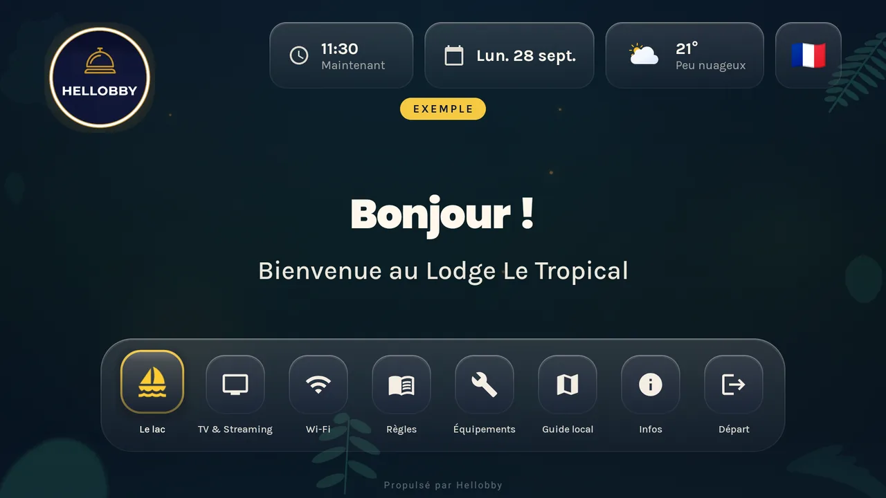 Écran d'accueil de Hellobby TV au style tropical : « Bonjour ! Bienvenue au Lodge Le Tropical », l'heure, la date, la météo et les tuiles du livret.