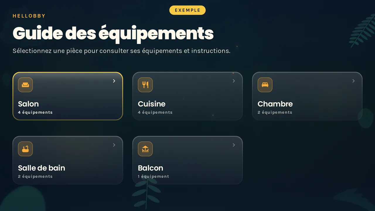 Guide des équipements sur Hellobby TV : salon, cuisine, chambre, salle de bain et balcon, avec le nombre d'équipements de chaque pièce.