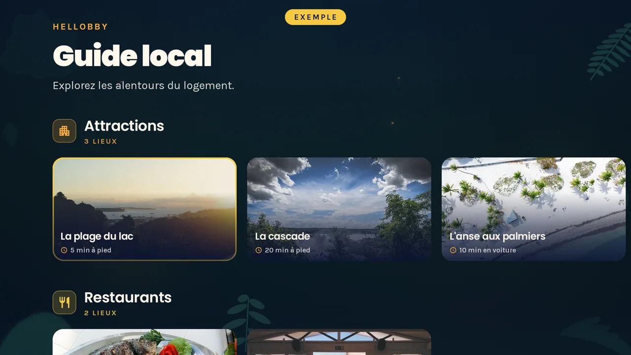 Guide local sur Hellobby TV : la plage du lac, la cascade et l'anse aux palmiers en photos avec leur temps de trajet, puis les restaurants.