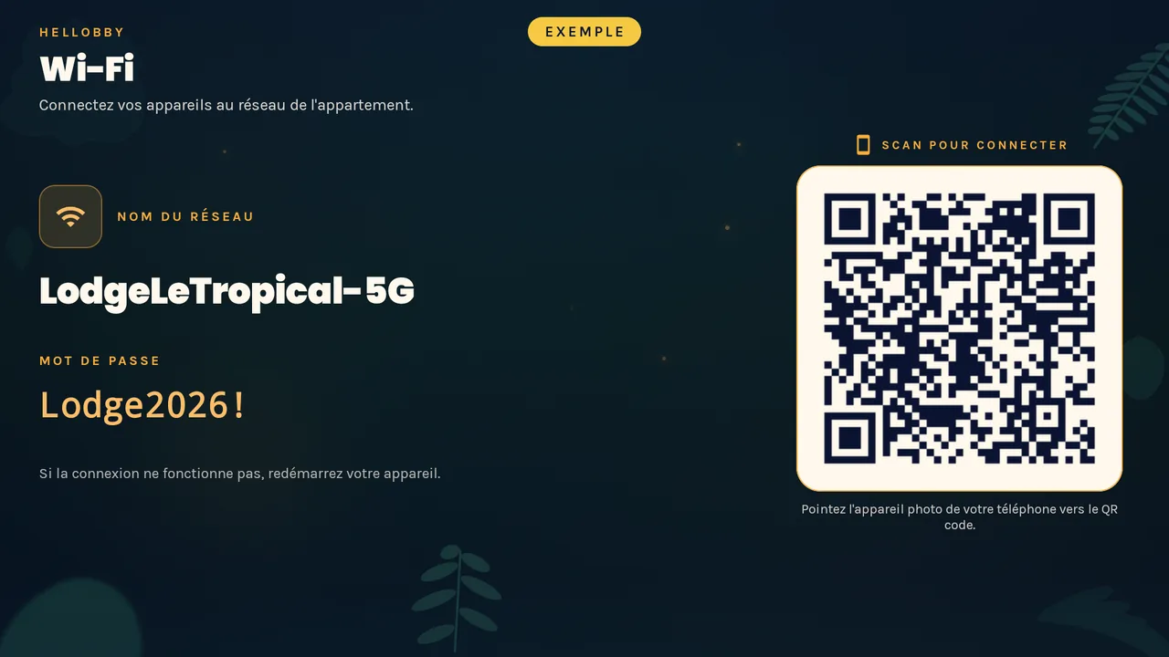 Écran Wi-Fi de Hellobby TV : nom du réseau, mot de passe et QR code à scanner.