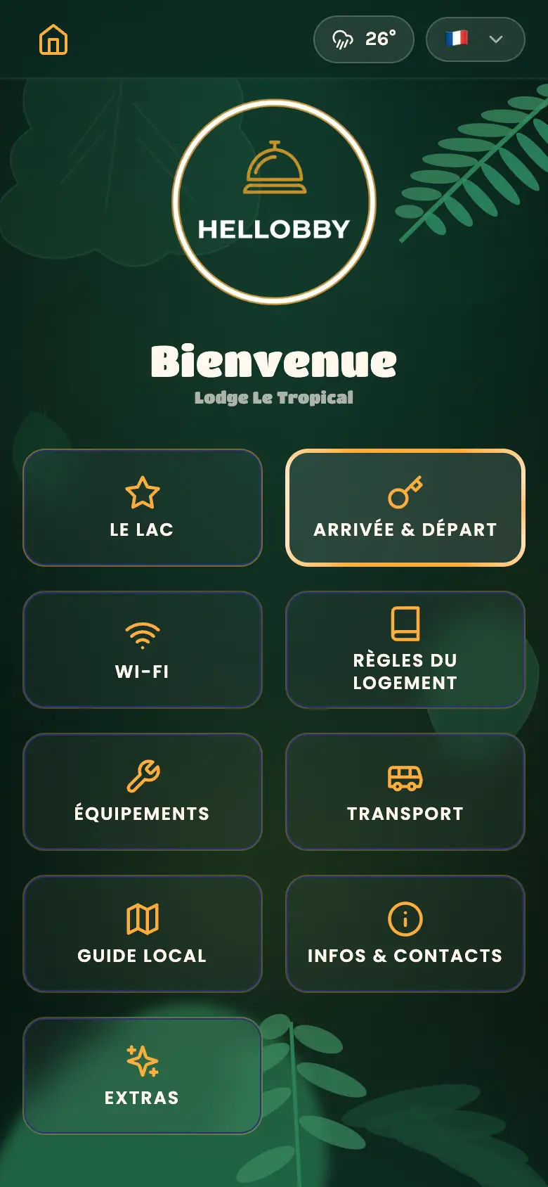 Écran d'accueil du livret : les tuiles Wi-Fi, arrivée, équipements et guide local.